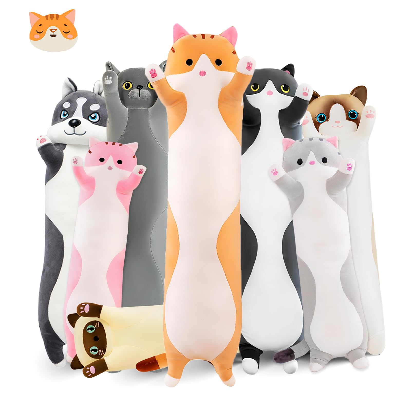 NXNYNZ Long Cat Plush Pillow, 19.6in Cute Cat Plushie Stuffed Animals Body Pillow, Yellow Kawaii Kitten Soft Plushie Doll Toy Bi